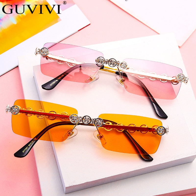 Rimless Diamond Sunglasses Women 2021 Rectangle Steampunk Sun Glasses Crystal Vintage Rhinestone Glasses Eyewear UV400 Oculos