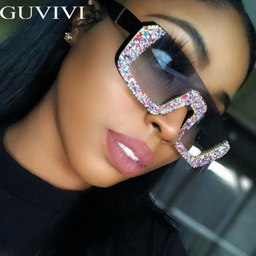 Diamond Semi-Rimless Square Sunglasses Women Rhinestone Retro Gradient Sun Glasses Vintage Oversized Feminino Eyeglasses UV400