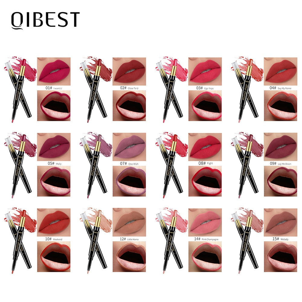 QIBEST 2 In 1 Lipstick Pen Lip Liner Lipstick Pencil Lip Makeup Women Cosmetics Long Lasting Waterproof Matte Lip Pencil For Lip