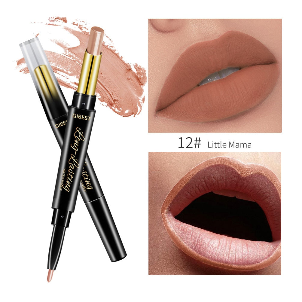 QIBEST 2 In 1 Lipstick Pen Lip Liner Lipstick Pencil Lip Makeup Women Cosmetics Long Lasting Waterproof Matte Lip Pencil For Lip