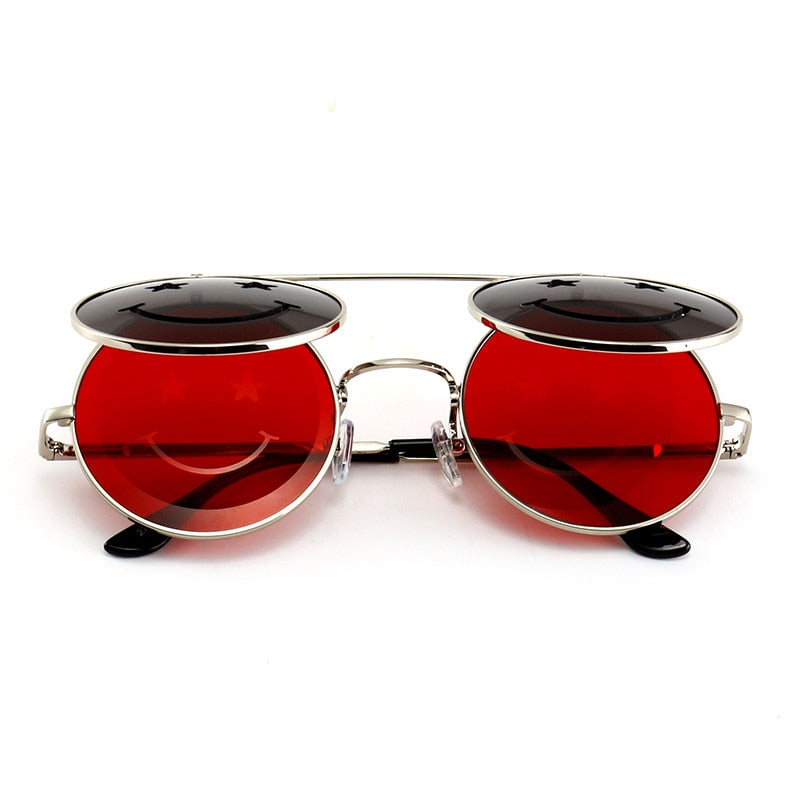 SHAUNA Spring Hinge Cute Smiling Face Women Folding Punk Sunglasses Unique Men Double Lens Tinted Steampunk Glasses UV400