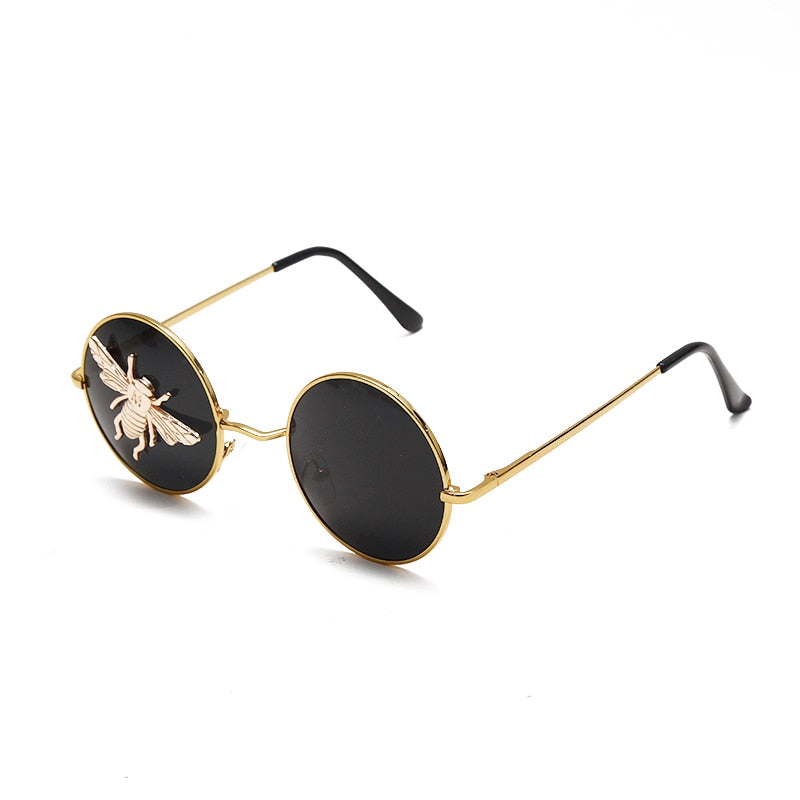 Retro Classic Round Sunglasses Male Brand Designer Little Bee Sunglasses Fashion Lady Metal Frame Black Lens Glasses Hot UV400