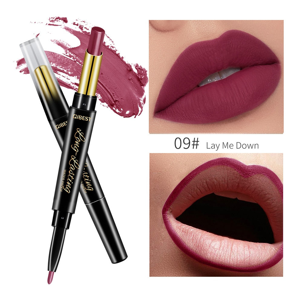 QIBEST 2 In 1 Lipstick Pen Lip Liner Lipstick Pencil Lip Makeup Women Cosmetics Long Lasting Waterproof Matte Lip Pencil For Lip