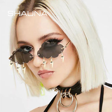 SHAUNA Ins Popular Rimless Sunglasses Women Clouds Lightning Tassel Sun Glasses Candy Colors Shades UV400