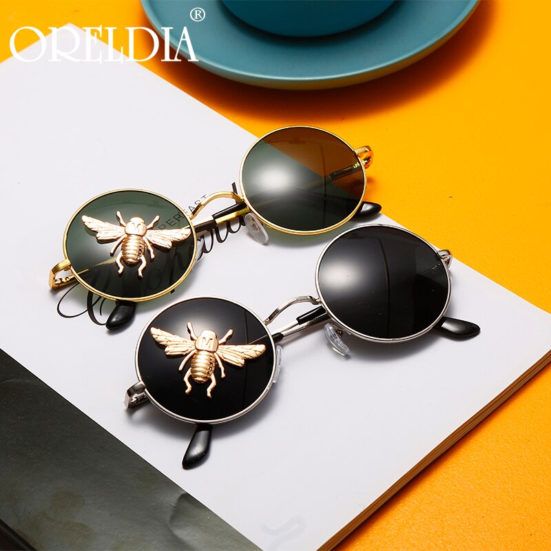 Retro Classic Round Sunglasses Male Brand Designer Little Bee Sunglasses Fashion Lady Metal Frame Black Lens Glasses Hot UV400