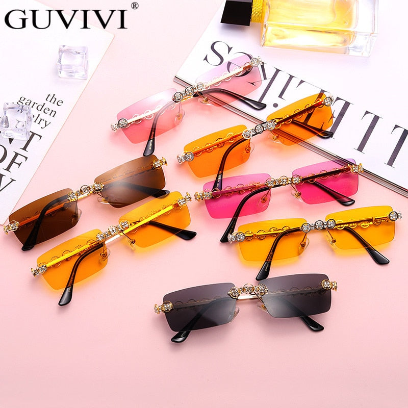 Rimless Diamond Sunglasses Women 2021 Rectangle Steampunk Sun Glasses Crystal Vintage Rhinestone Glasses Eyewear UV400 Oculos