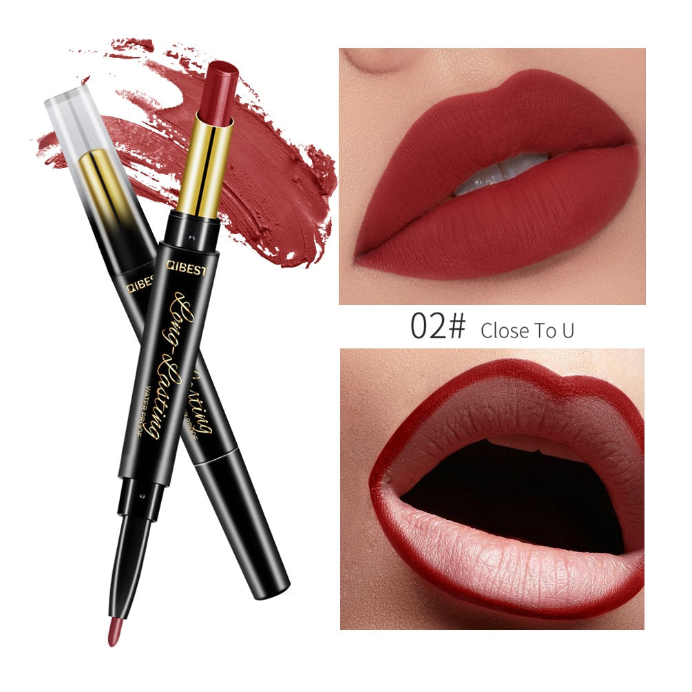 QIBEST 2 In 1 Lipstick Pen Lip Liner Lipstick Pencil Lip Makeup Women Cosmetics Long Lasting Waterproof Matte Lip Pencil For Lip