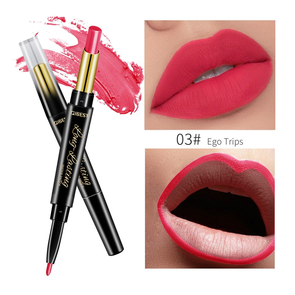 QIBEST 2 In 1 Lipstick Pen Lip Liner Lipstick Pencil Lip Makeup Women Cosmetics Long Lasting Waterproof Matte Lip Pencil For Lip