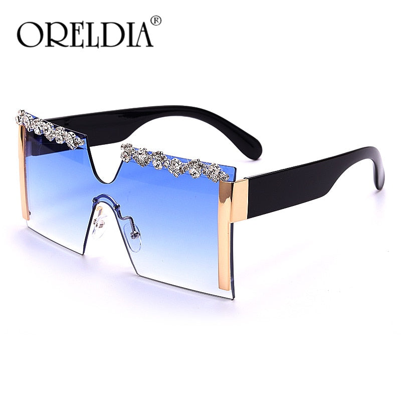 Oversized Square Rimless Rhinestone Sunglasses Women Brand Designer Flat Top Diamond Sun Glasses Female One Piece Gafa de sol