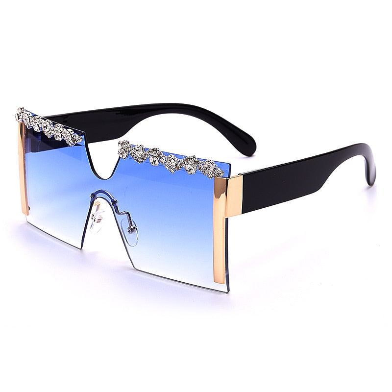 Oversized Square Rimless Rhinestone Sunglasses Women Brand Designer Flat Top Diamond Sun Glasses Female One Piece Gafa de sol