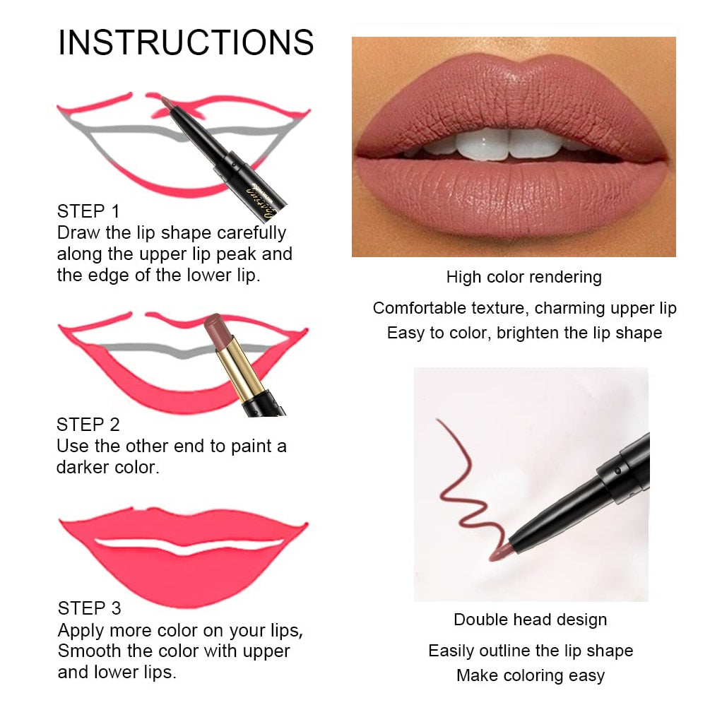 QIBEST 2 In 1 Lipstick Pen Lip Liner Lipstick Pencil Lip Makeup Women Cosmetics Long Lasting Waterproof Matte Lip Pencil For Lip