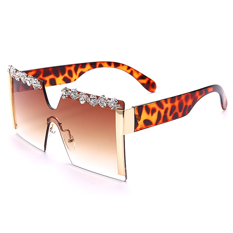 Oversized Square Rimless Rhinestone Sunglasses Women Brand Designer Flat Top Diamond Sun Glasses Female One Piece Gafa de sol