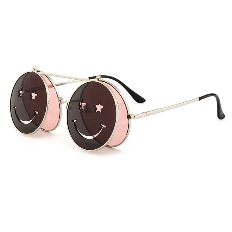 SHAUNA Spring Hinge Cute Smiling Face Women Folding Punk Sunglasses Unique Men Double Lens Tinted Steampunk Glasses UV400