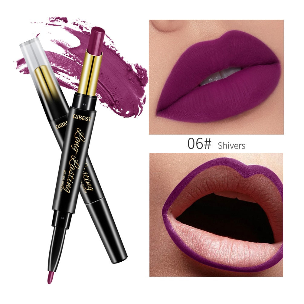 QIBEST 2 In 1 Lipstick Pen Lip Liner Lipstick Pencil Lip Makeup Women Cosmetics Long Lasting Waterproof Matte Lip Pencil For Lip