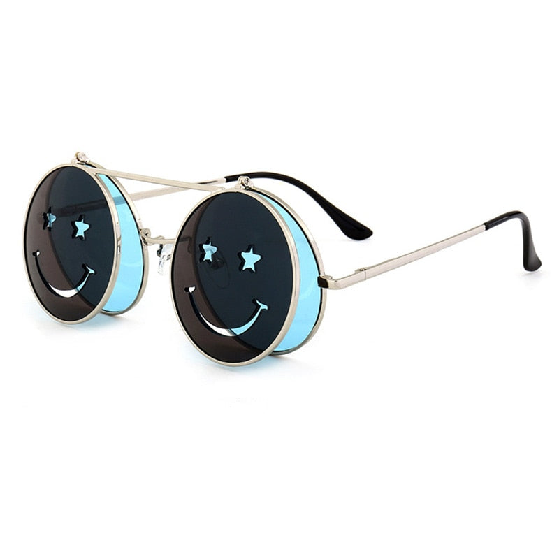 SHAUNA Spring Hinge Cute Smiling Face Women Folding Punk Sunglasses Unique Men Double Lens Tinted Steampunk Glasses UV400