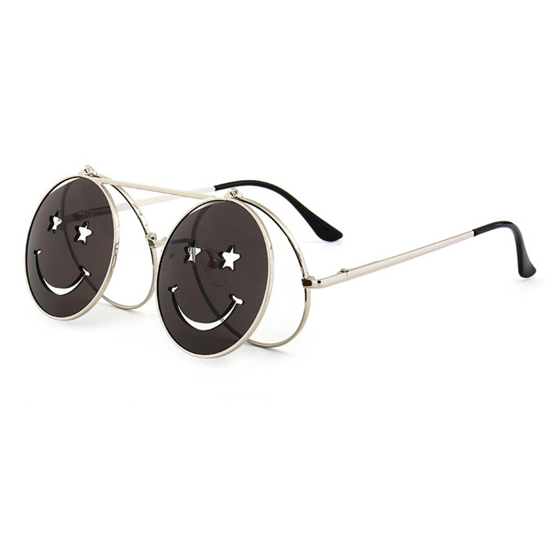 SHAUNA Spring Hinge Cute Smiling Face Women Folding Punk Sunglasses Unique Men Double Lens Tinted Steampunk Glasses UV400