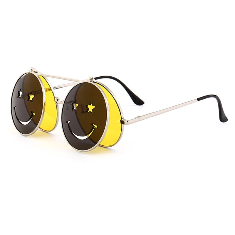 SHAUNA Spring Hinge Cute Smiling Face Women Folding Punk Sunglasses Unique Men Double Lens Tinted Steampunk Glasses UV400