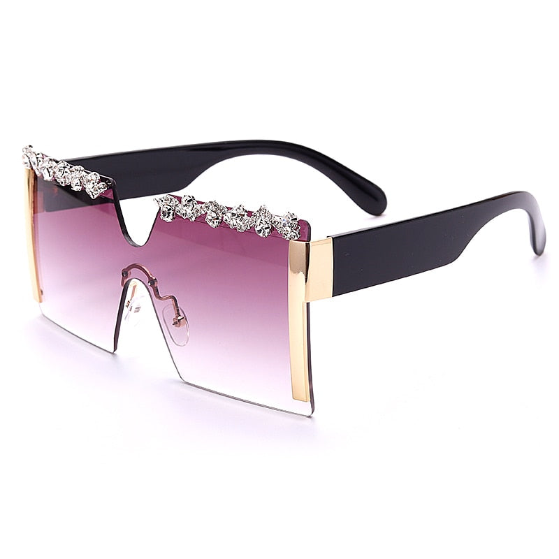 Oversized Square Rimless Rhinestone Sunglasses Women Brand Designer Flat Top Diamond Sun Glasses Female One Piece Gafa de sol