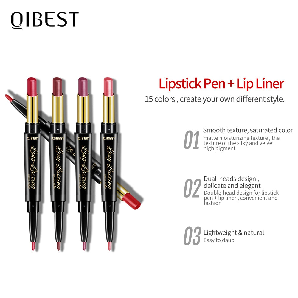 QIBEST 2 In 1 Lipstick Pen Lip Liner Lipstick Pencil Lip Makeup Women Cosmetics Long Lasting Waterproof Matte Lip Pencil For Lip