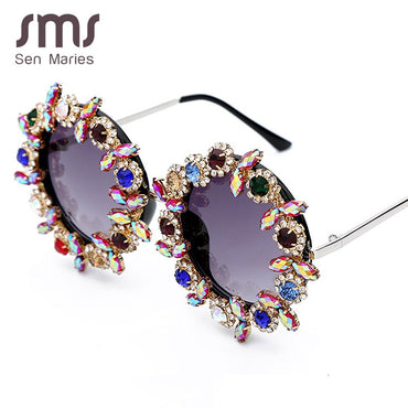 Fashion Round Crystal Sunglasses Women Luxury Brand Colorful Diamond Metal Frame High Quality Sun Glasses For Men Female UV400