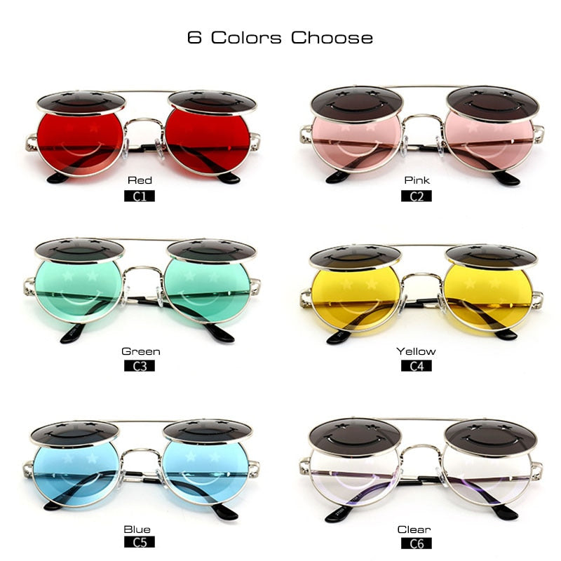 SHAUNA Spring Hinge Cute Smiling Face Women Folding Punk Sunglasses Unique Men Double Lens Tinted Steampunk Glasses UV400