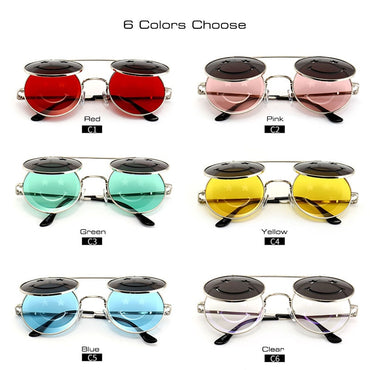 SHAUNA Spring Hinge Cute Smiling Face Women Folding Punk Sunglasses Unique Men Double Lens Tinted Steampunk Glasses UV400