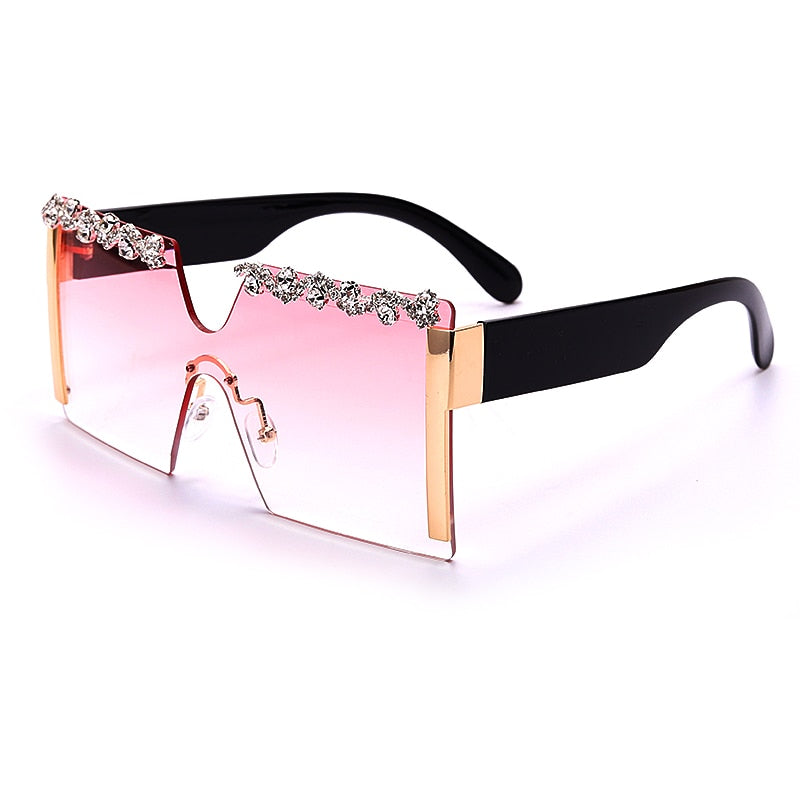 Oversized Square Rimless Rhinestone Sunglasses Women Brand Designer Flat Top Diamond Sun Glasses Female One Piece Gafa de sol