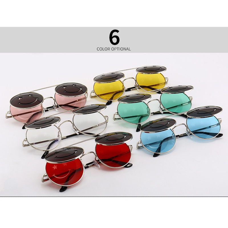 SHAUNA Spring Hinge Cute Smiling Face Women Folding Punk Sunglasses Unique Men Double Lens Tinted Steampunk Glasses UV400