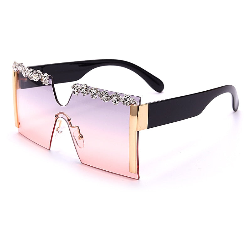 Oversized Square Rimless Rhinestone Sunglasses Women Brand Designer Flat Top Diamond Sun Glasses Female One Piece Gafa de sol