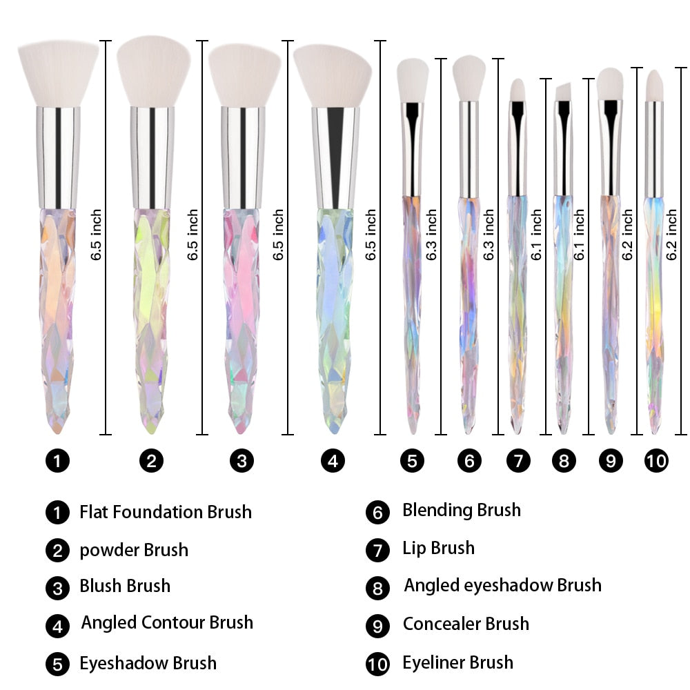 10pcs Makeup Brush Soft Type Cosmetic Face Powder Foundation Brushes Synthetic Hair Crystal Handle High Quality gift Makeup set