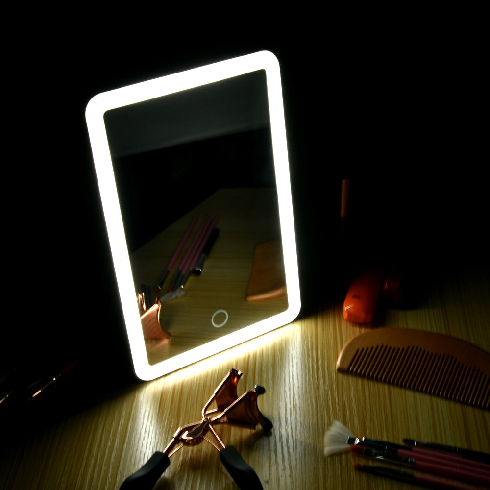 LED Touch Screen Makeup Mirror 180 Degree Rotating Cosmetic Mirror USB Charger Stand for Tabletop Bathroom Bedroom Travel