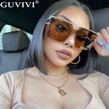 Oversized Square Sunglasses Women Men Luxury Brand Vintage Alloy Frame Sun Glasses Clear Lens One Piece Rimless Eyewear Shade