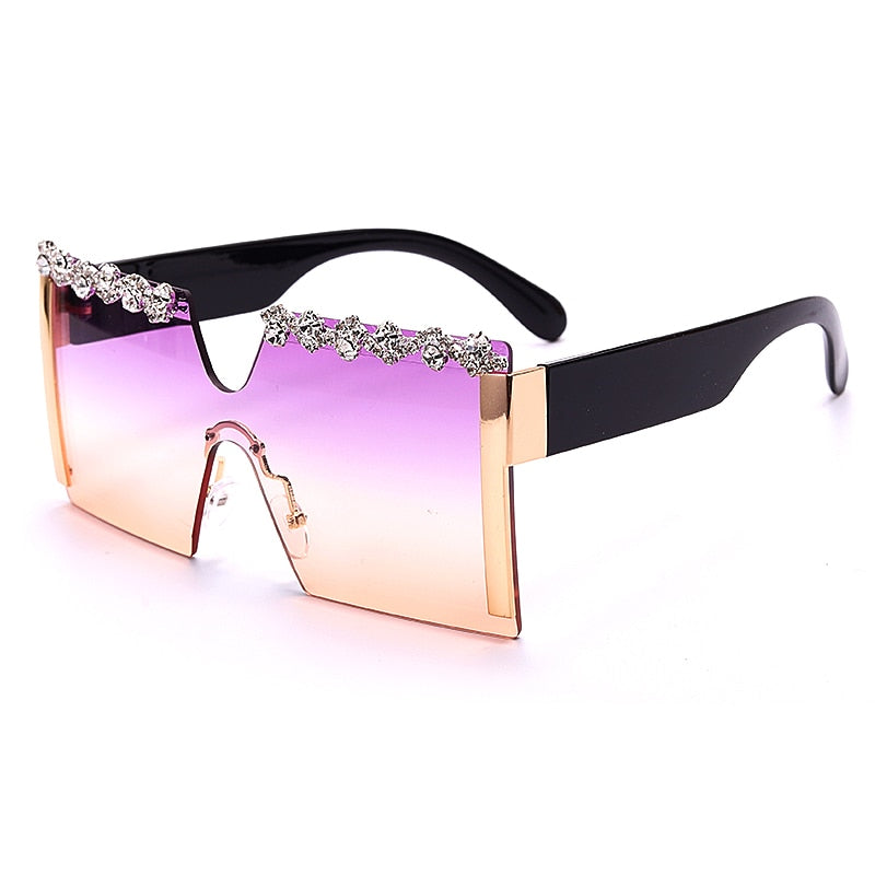 Oversized Square Rimless Rhinestone Sunglasses Women Brand Designer Flat Top Diamond Sun Glasses Female One Piece Gafa de sol